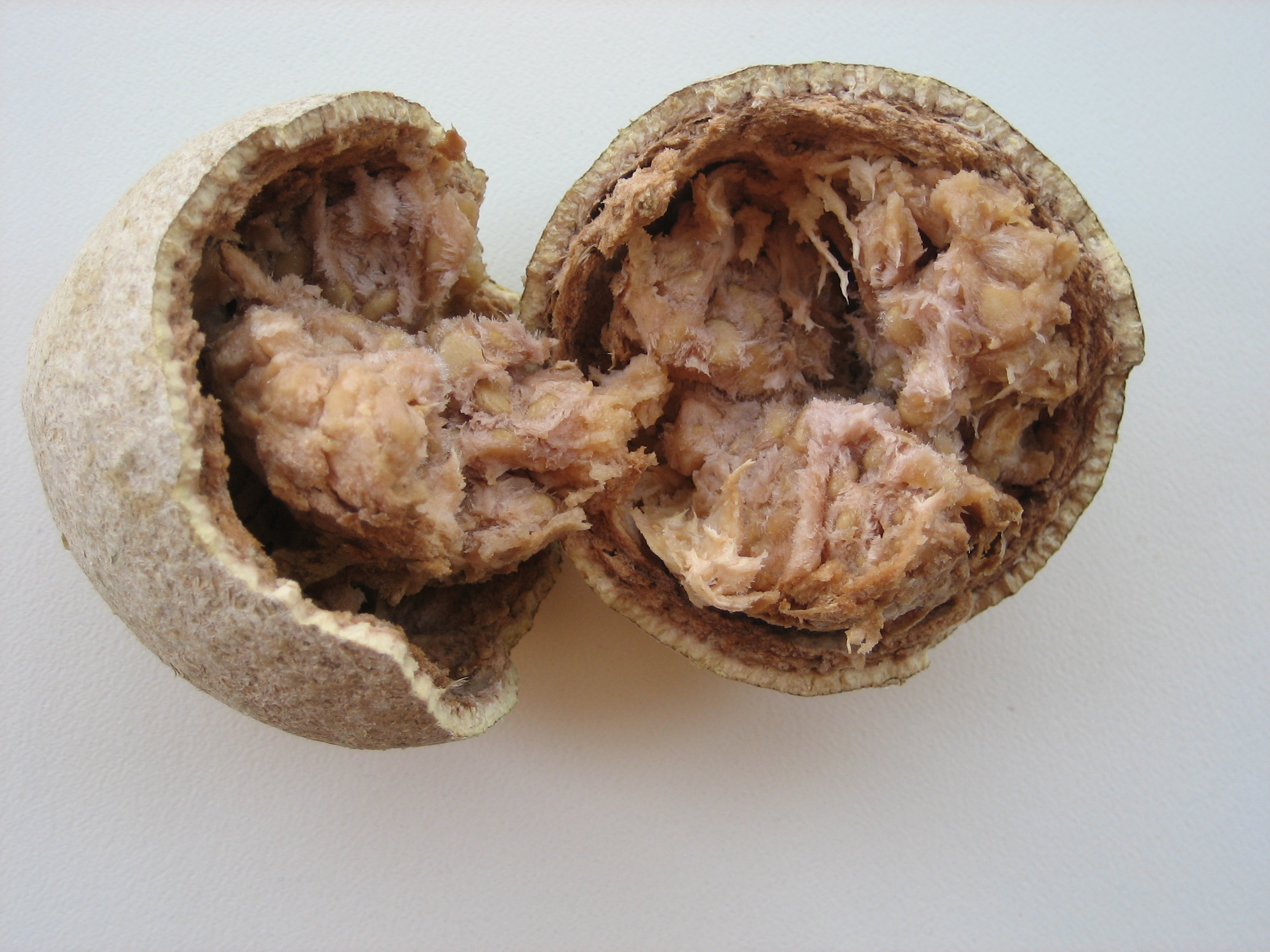 A whole wood apple cracked open beside a bowl of kaitha powder